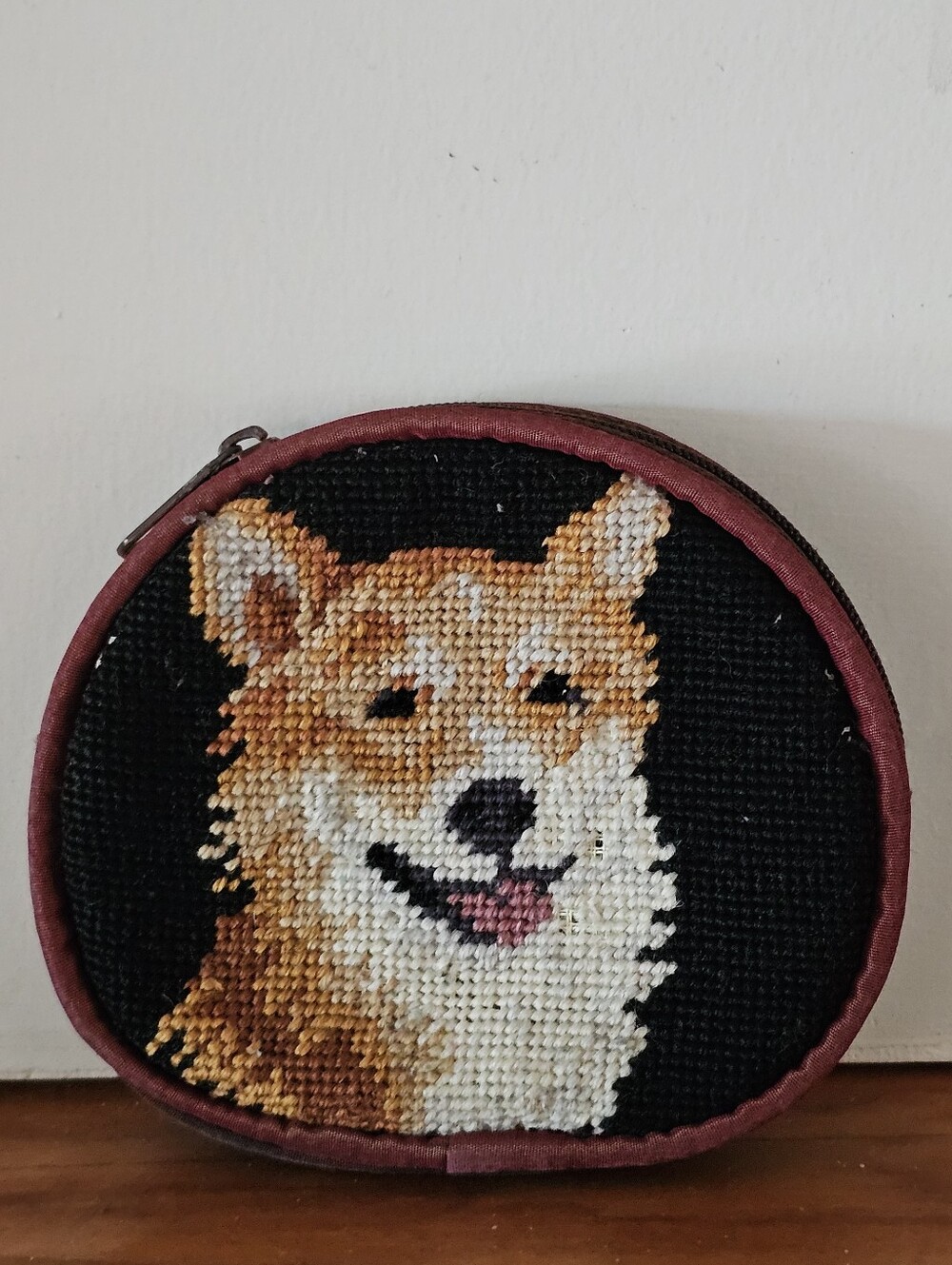 Vintage SHIBA INU Dog Needlepoint Coin Purse Wool Zipper Pouch Union Trading Co